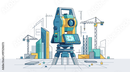 Modern vector illustration of a total station surveying instrument on a tripod with city skyscrapers and construction cranes in the background for urban development concept.