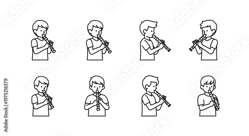 Line art illustration of eight boys playing recorders in various poses