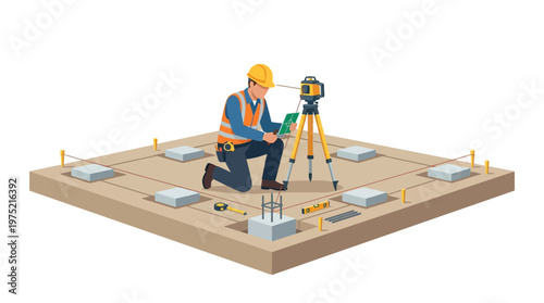 Professional surveyor using laser level for building foundation layout, isometric vector illustration of construction site engineering and measurement