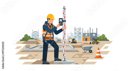 Professional surveyor using laser level and leveling rod on a construction site with heavy machinery. Vector illustration for engineering, architecture, and building industry.