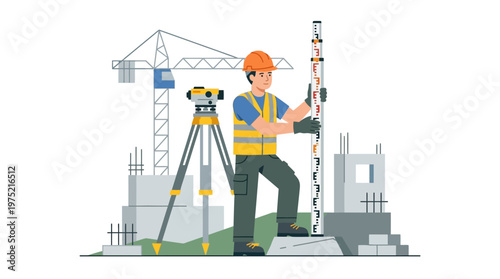 Surveyor and Civil Engineer Working at Construction Site with Leveling Equipment and Total Station Vector Illustration