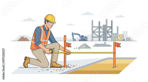 Construction Worker in Safety Gear Measuring Foundations with Tape Measure at Building Site Illustration