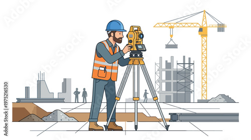 Professional Land Surveyor Using Total Station Theodolite at Construction Site Illustration, Civil Engineer Working with Geodetic Equipment, Building Project Development