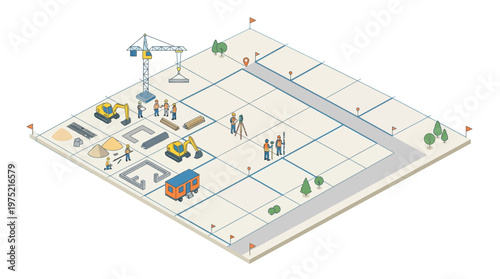 Isometric Residential Land Development and Construction Site Planning Illustration with Workers, Machinery, and Surveying Equipment for Real Estate Infrastructure Projects