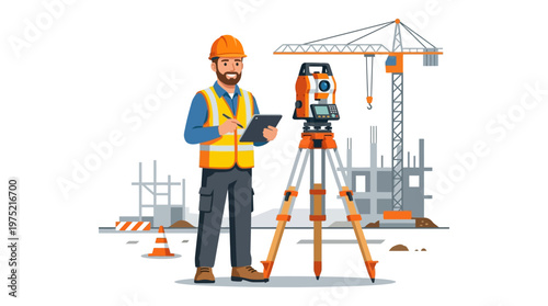 Professional Male Land Surveyor with Total Station and Digital Tablet at Construction Site Building Project Illustration