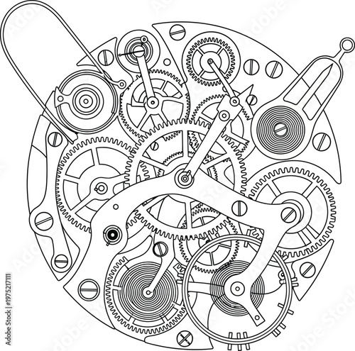 Detailed Mechanical Watch Movement Mechanism Line Art Illustration.
