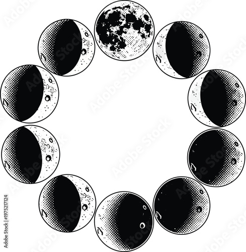 Graphic illustration of lunar phases arranged in a circular cycle.