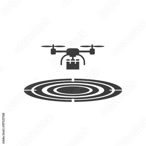 Minimalist illustration of a drone delivering a package over a target or signal symbol, representing logistics and technology