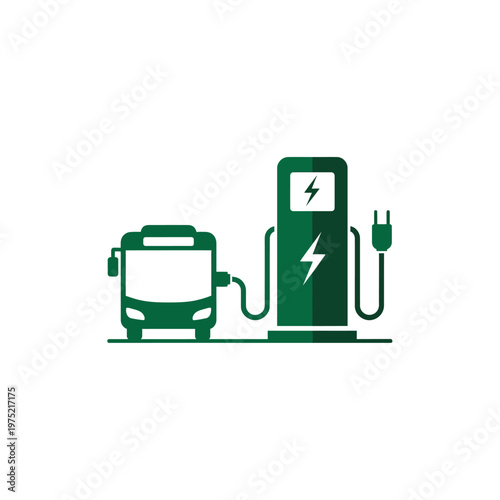 Vector Illustration of an Electric Bus Charging at a Green Energy Station, Symbolizing Sustainable Public Transportation and Eco-Friendly Urban Transit Solutions