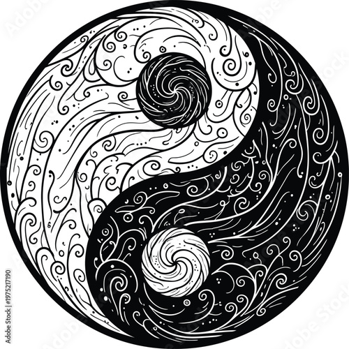Hand drawn intricate yin yang symbol with swirling patterns.