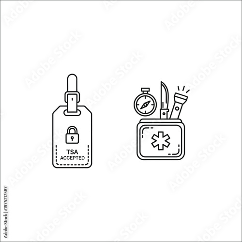 TSA Approved Luggage Tag & Travel Emergency Survival Kit Line Icon Set