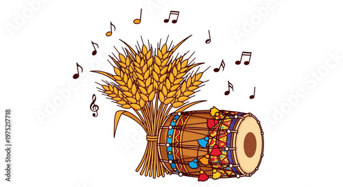 Harvest Festival with Wheat and Dhol Drum Illustration