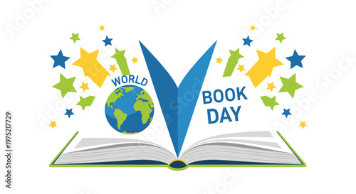 World Book Day celebration with an open book, globe, and stars