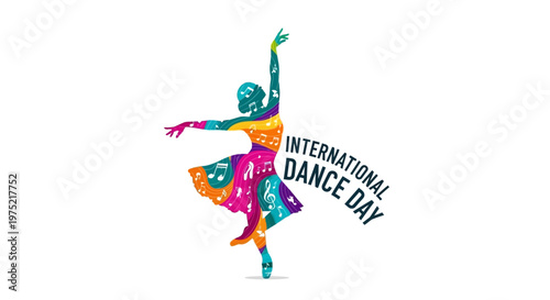 Vibrant illustration celebrating International Dance Day with a graceful dancer silhouette.