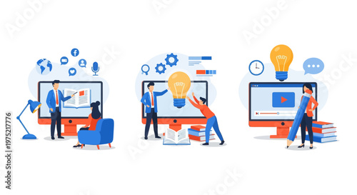 Online education, home schooling student gets new knowledge and ideas, e-learning design over background. E-learning set flat vector modern illustration