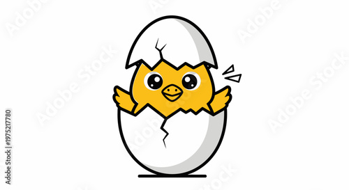 Cute cartoon yellow chick hatching from a white eggshell vector illustration.