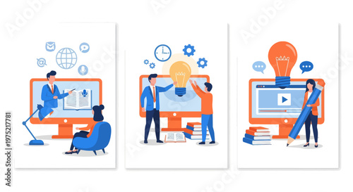 Online education, home schooling student gets new knowledge and ideas, e-learning design over background. E-learning set flat vector modern illustration
