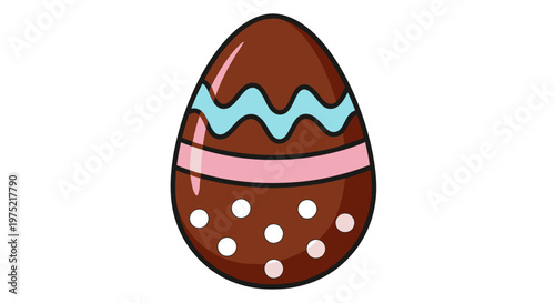 Cute chocolate Easter egg with colorful decorations on white background