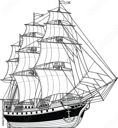 Vintage Hand Drawn Line Art Illustration of a Tall Ship.
