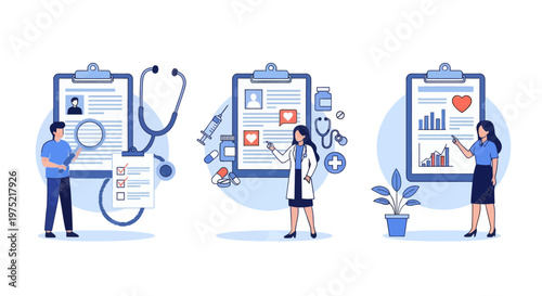 Document patient illness or disease progress, E-health system for data and information collection, Tablet with patient photo, cardiogram and health indicators for monitoring