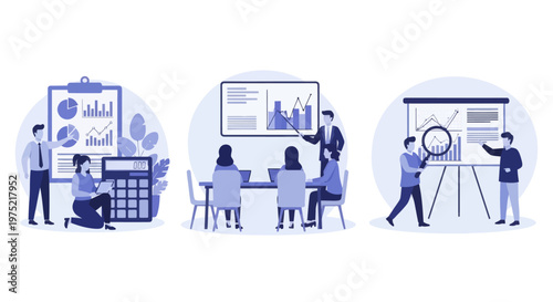 Master of Science in finance, Group of diverse people making business plan together, budget planning, study investment banking, management, set flat vector modern illustration