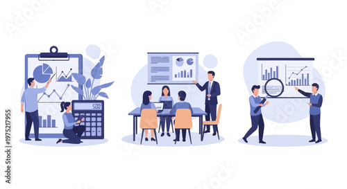 Master of Science in finance, Group of diverse people making business plan together, budget planning, study investment banking, management, set flat vector modern illustration