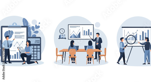 Master of Science in finance, Group of diverse people making business plan together, budget planning, study investment banking, management, set flat vector modern illustration