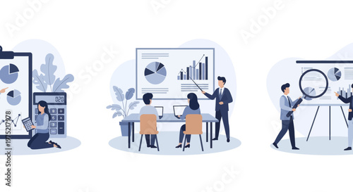 Master of Science in finance, Group of diverse people making business plan together, budget planning, study investment banking, management, set flat vector modern illustration