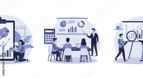Master of Science in finance, Group of diverse people making business plan together, budget planning, study investment banking, management, set flat vector modern illustration
