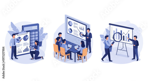 Master of Science in finance, Group of diverse people making business plan together, budget planning, study investment banking, management, set flat vector modern illustration
