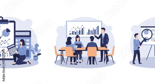 Master of Science in finance, Group of diverse people making business plan together, budget planning, study investment banking, management, set flat vector modern illustration