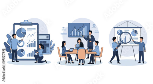 Master of Science in finance, Group of diverse people making business plan together, budget planning, study investment banking, management, set flat vector modern illustration
