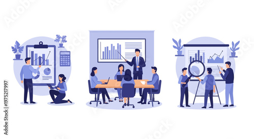Master of Science in finance, Group of diverse people making business plan together, budget planning, study investment banking, management, set flat vector modern illustration