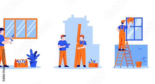 Home renovation flat set with contractor workers doing indoor maintenance vector illustration. Home renovation set flat vector modern illustration 
