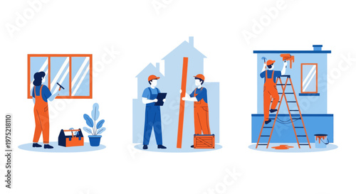 Home renovation flat set with contractor workers doing indoor maintenance vector illustration. Home renovation set flat vector modern illustration 
