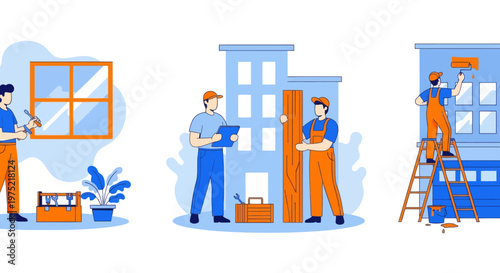 Home renovation flat set with contractor workers doing indoor maintenance vector illustration. Home renovation set flat vector modern illustration 
