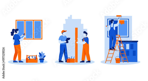 Home renovation flat set with contractor workers doing indoor maintenance vector illustration. Home renovation set flat vector modern illustration 
