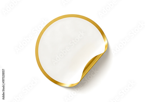 Round blank white sticker with elegant gold foil border and curled corner peel. Realistic paper mock up for labels.