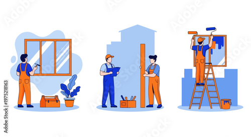 Home renovation flat set with contractor workers doing indoor maintenance vector illustration. Home renovation set flat vector modern illustration 

