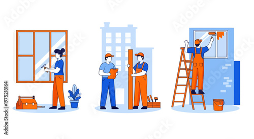 Home renovation flat set with contractor workers doing indoor maintenance vector illustration. Home renovation set flat vector modern illustration 
