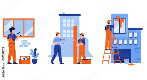 Home renovation flat set with contractor workers doing indoor maintenance vector illustration. Home renovation set flat vector modern illustration 
