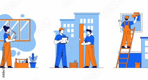 Home renovation flat set with contractor workers doing indoor maintenance vector illustration. Home renovation set flat vector modern illustration 
