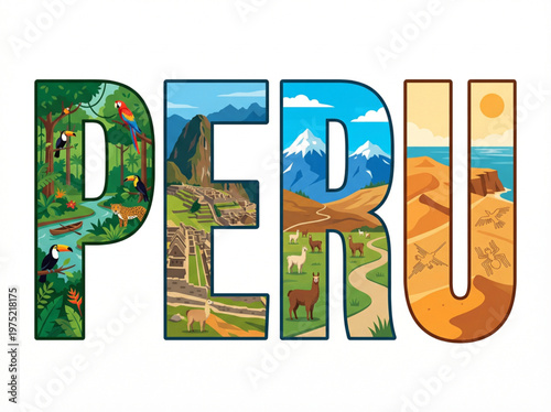 Peru word art with diverse landscapes and cultural symbols on white background