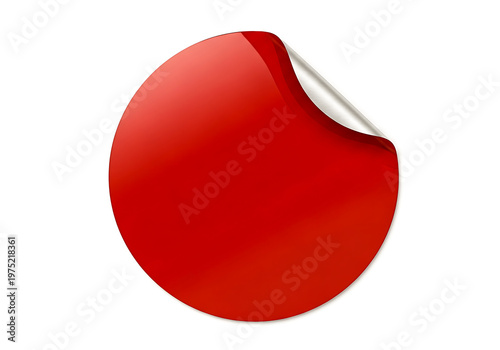 Glossy red circular sticker with peeled corner, blank adhesive label for sale or promotion, isolated on white.