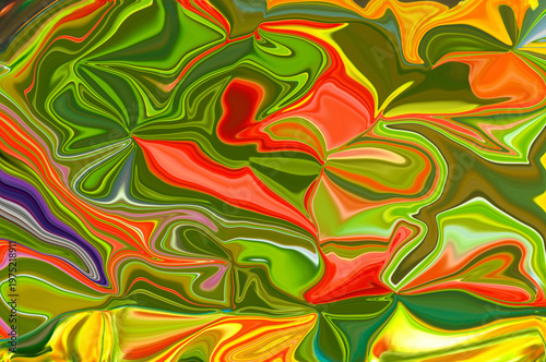 Abstract Liquid Marble Digital Art with Psychedelic Swirling Fluid Shapes in Bright Green, Orange, Red, Yellow