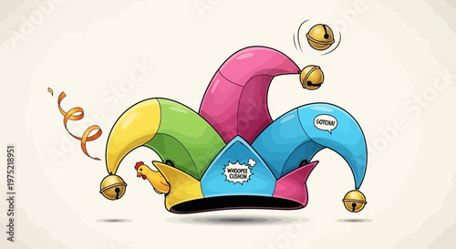 Colorful jester hat with bells and prank props for April Fools' Day celebration