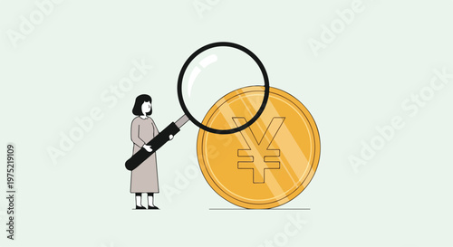 Businessman inspecting large yen coin magnifying