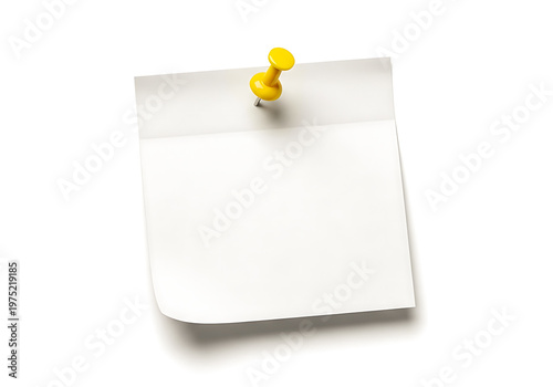 A yellow pushpin holding a blank sticky note on a surface isolated on white background