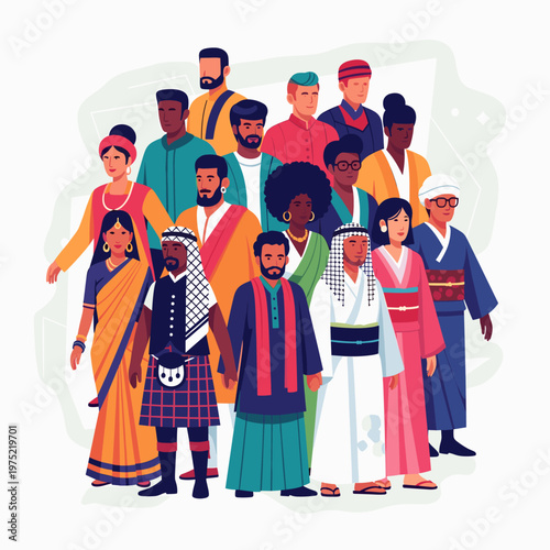 A diverse group of people from various cultures and ethnicities standing together, showcasing unity and global diversity.