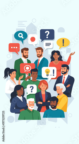 Diverse group of people engaged in discussion, with speech bubbles indicating communication and ideas.